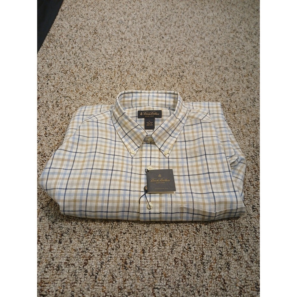 BROOKS BROTHERS Irish Linen Plaid LS Button Down Shirt Sz Xl White/Blue/Tan NEW - Picture 2 of 9